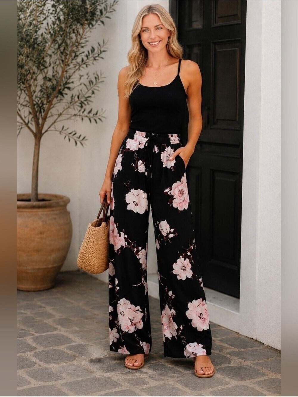 Romantic Floral Palazzo Pants Wide Leg Boho Resort Vacation Cottagecore Size L - Picture 10 of 15